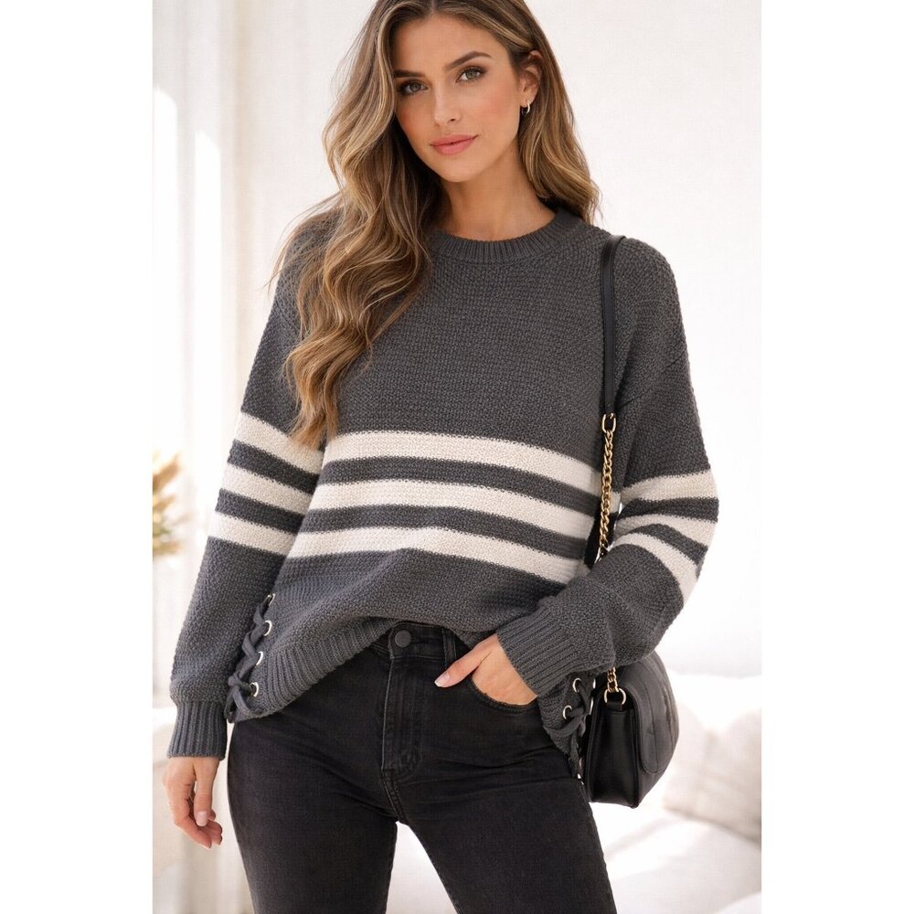 Pink Republican Gray White Striped Lace Up Side Sweater XS
